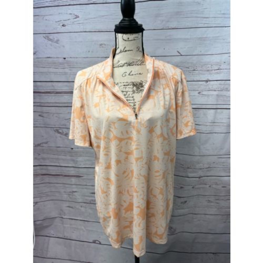 Coral Bay Golf Womens XL Orange White Tropical Leaf Quarter Zip Short Sleeve Top